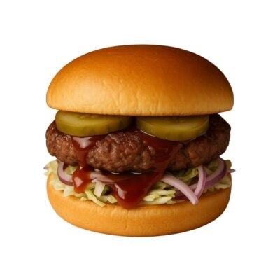 Gourmet Beef Burger with Cheese, Red Onion, Lettuce, Tomato and Mayonnaise in a Brioche Bun